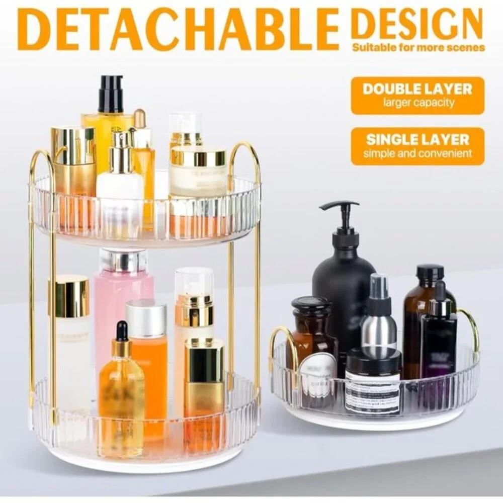 New 360° Spinning Makeup Organizer, 2-Tier Rotating Cosmetic Holder for Vanity